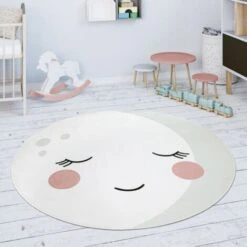 Paco Home Tappeto Bambini Cameretta Rotondo Da Gioco Bebè Motivo Luna Crema Bianco 80 Cm Tondo