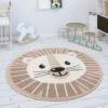 Paco Home Tappeto Bambini Cameretta Rotondo Da Gioco Bebè Motivo Leone Beige Bianco 80 Cm Tondo