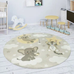 Paco Home Tappeto Bambini Cameretta Da Gioco Bebè Stella Nuvola Luna Beige Bianco 80 Cm Tondo