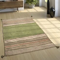 Paco Home Tappeto Design Tessuto Kelim Lavorato A Mano 100% Cotone Moderno Fantasia Verde 60x110 Cm