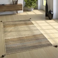 Paco Home Tappeto Design Tessuto Kelim Lavorato A Mano 100% Cotone Moderno Fantasia Beige 60x110 Cm