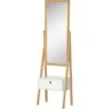HOMCOM Specchio Da Terra Con Cassetto, In MDF E Bambù, 45x30x160 Cm, Bianco E Color Legno