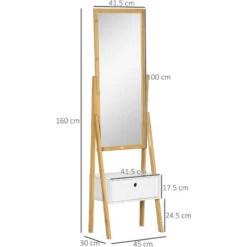 HOMCOM Specchio Da Terra Con Cassetto, In MDF E Bambù, 45x30x160 Cm, Bianco E Color Legno -Armonia Decor 65820373 3