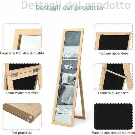 RELAX4LIFE Specchio A Figura Intera 2 In 1, Specchio Da Terra E Da Parete In Legno Con Cornice Rettangolare, Specchio Inclinato Da Pavimento, Per Camera Da Letto, Soggiorno E Ufficio (naturale) 5 RELAX4LIFE Specchio A Figura Intera 2 In 1, Specchio Da Terra E Da Parete In Legno Con Cornice Rettangolare, Specchio Inclinato Da Pavimento, Per Camera Da Letto, Soggiorno E Ufficio (naturale) - immagine 3