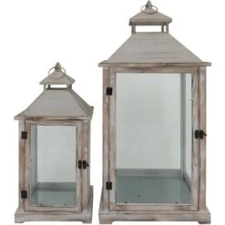 Rebecca Mobili Set 2 Lanterne Metallo Pvc Legno Chiaro Retro 72x32x27