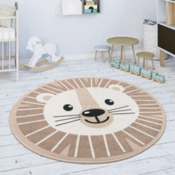 Paco Home Tappeto Bambini Cameretta Rotondo Moderno Femmine Maschi Luna Koala Leone Beige, 80 Cm Tondo -Armonia Decor 70334073 2