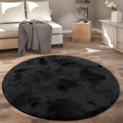 Paco Home Tappeto Rotondo Soggiorno, Morbido Moderno Finta Pelliccia Soffice Pelo Lungo Ø 80 Cm Tondo, Nero
