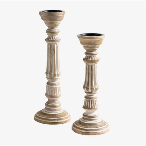 SKLUM Set Di 2 Portacandele In Legno Di Mango Kangec Legno Bianco Vintage 3 SKLUM Set Di 2 Portacandele In Legno Di Mango Kangec Legno Bianco Vintage