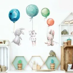 Cartoon Bunny Balloon Wall Stickers Decorazione Della Stanza Dei Bambini Decalcomanie Per Carta Da Parati Di Coniglio