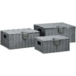 HOMCOM Set Di 3 Cesti In Vimini PP Con Coperchio Di Diverse Dimensioni, Grigio