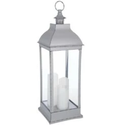 Lanterna Da Esterno Grigio Antico H. 71 Cm - Lanterna Led Grigio Antico, Vetro E Abs, Dimensioni L. 24 X L. 24 X H. 71 Cm Candele Led: P. 7,5 X H. 15 18 22 Cm - Atmosphera Créateur D'intérieur -Armonia Decor 83715875 2
