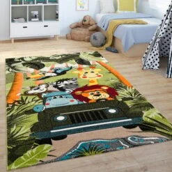 Paco Home Tappeto Bambini Cameretta Bambina Ragezzi Con Animale Giungla Con Palme Verde 80x150 Cm