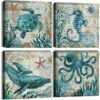 Bagno Decor Wall Art Beach Themed Sea Turtle Canvas Wall Art Ocean Decor Nautical Bathroom Wall Decor 12x12 4 Pz/Set (cornice Non Inclusa) -Armonia Decor 85908631 1