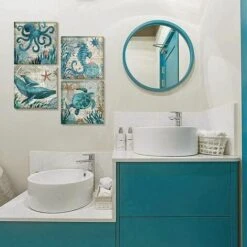 Bagno Decor Wall Art Beach Themed Sea Turtle Canvas Wall Art Ocean Decor Nautical Bathroom Wall Decor 12x12 4 Pz/Set (cornice Non Inclusa) -Armonia Decor 85908631 3