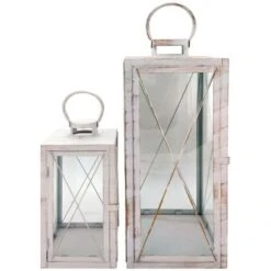 Rebecca Mobili Set 2 Lanterne Bianche Portacandele Grandi In Metallo PVC Per Casa Esterno