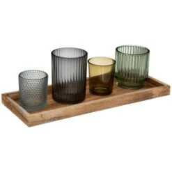 Set Di 4 Portacandele In Vetro Con Vassoio In Legno - Atmosphera Créateur D'intérieur