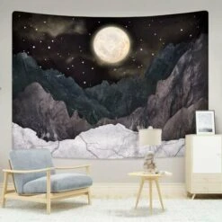 Arazzo Montagna Luna Stella Arazzo Notte Cielo Stellato Arazzo Natura Arazzo Paesaggio Montagna Arazzo Da Appendere A Parete Per Camera Da Letto 20"x 23" Nero