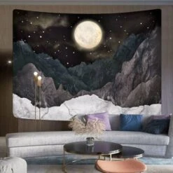 Arazzo Luna Stelle Arazzo Notte Cielo Stellato Arazzo Natura Arazzo Paesaggio Montagna Arazzo Da Parete Per Camera Da Letto 59,1 X 78,7 Nero -Armonia Decor 91189372 4