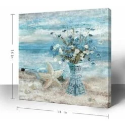 Decorazioni Per Il Bagno Blue Beach Picture Ocean Theme Stampa Floreale Su Tela Modern Coastal Seascape Painting Framed Coastal Artwork Flower Daisy In Indian Vase For Home Lake Bedroom 14"x14". -Armonia Decor 91195285 2