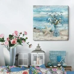 Decorazioni Per Il Bagno Blue Beach Picture Ocean Theme Stampa Floreale Su Tela Modern Coastal Seascape Painting Framed Coastal Artwork Flower Daisy In Indian Vase For Home Lake Bedroom 14"x14". -Armonia Decor 91195285 3