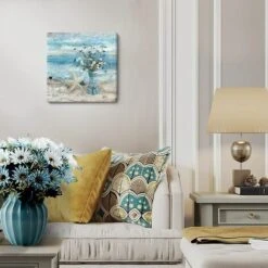 Decorazioni Per Il Bagno Blue Beach Picture Ocean Theme Stampa Floreale Su Tela Modern Coastal Seascape Painting Framed Coastal Artwork Flower Daisy In Indian Vase For Home Lake Bedroom 14"x14". -Armonia Decor 91195285 4