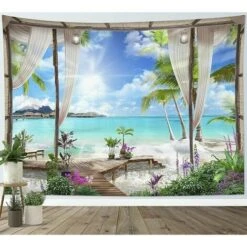 200x150 Cm Turchese Ocan Arazzo Spiaggia Coperta Da Appendere Al Muro Scenario Di Un'Isola Tropicale Dal Balcone Arazzo Decorazione Da Parete Per Casa Soggiorno Camera Da Letto Dormitorio