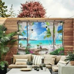 200x150 Cm Turchese Ocan Arazzo Spiaggia Coperta Da Appendere Al Muro Scenario Di Un'Isola Tropicale Dal Balcone Arazzo Decorazione Da Parete Per Casa Soggiorno Camera Da Letto Dormitorio -Armonia Decor 92036011 4
