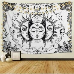 Arazzo Tarocchi Mandala Indiano Boemo Psichedelico Nero Bianco Luna E Sole Appeso A Parete Lenzuolo Decorazione Da Parete Per Camera Da Letto Soggiorno Dormitorio (Bianco,M/150x130cm)
