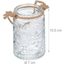 Relaxdays Vasetti Portacandele, Set Da 12, Vasi In Vetro, Manico Con Corda Di Canapa, HxD 10,5x7 Cm, Trasparente Marrone -Armonia Decor 92755449 4