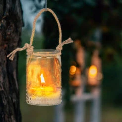 Relaxdays Vasetti Portacandele, Set Da 12, Vasi In Vetro, Manico Con Corda Di Canapa, HxD 10,5x7 Cm, Trasparente Marrone -Armonia Decor 92755449 5