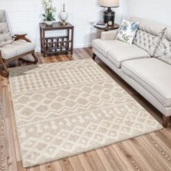 SURYA Tappeto Salotto A Pelo Lungo Soggiorno Shaggy Bohemien Avorio E Beige 160x220 Cm