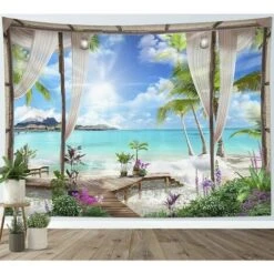 200x150 Cm Trionfo Arazzo Turchese Oceano Appeso A Parete Spiaggia Arazzi Paesaggio Isola Tropicale Da Balcone Arazzi Decorazione Parete Per Casa Soggiorno Camera Da Letto Dormitorio