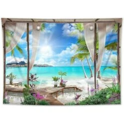 200x150 Cm Trionfo Arazzo Turchese Oceano Appeso A Parete Spiaggia Arazzi Paesaggio Isola Tropicale Da Balcone Arazzi Decorazione Parete Per Casa Soggiorno Camera Da Letto Dormitorio -Armonia Decor 95219548 5