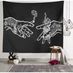 Arazzo Con Mani Floreali Bianche E Nere, Psichedelico Trippy Hippie Boho Novità Da Appendere Alla Parete, Tessuto Stampato, Decorazione Artistica Per Camera Da Letto, Soggiorno, Dormitorio Universitar -Armonia Decor 95220739 4