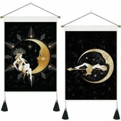 Pezzi Arazzo Lunare, T-Audace Arazzo Psichedelico Fasi Lunari Stella A Forma Di Luna Arazzi Per Soggiorno Camera Da Letto 35x50cm (Nero)