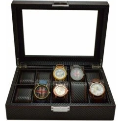 Scatola Porta Orologi Custodia Per Orologio In Pelle In Fibra Di Carbonio Custodia Per Gioielli Collezione Di Braccialetti Organizzatore Con Coperchio In Vetro (10 Scomparti), Kueatily -Armonia Decor 98385779 2
