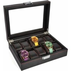 Scatola Porta Orologi Custodia Per Orologio In Pelle In Fibra Di Carbonio Custodia Per Gioielli Collezione Di Braccialetti Organizzatore Con Coperchio In Vetro (10 Scomparti), Kueatily -Armonia Decor 98385779 4