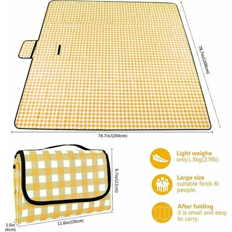 Coperta Da Picnic Tappetino Da Spiaggia Impermeabile 200 × 200 Cm, Plaid Lavabile Con Manico, Giallo 5 Coperta Da Picnic Tappetino Da Spiaggia Impermeabile 200 × 200 Cm, Plaid Lavabile Con Manico, Giallo - immagine 3